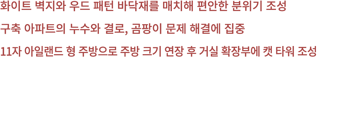 화이트 벽지와 우드 패턴 바닥재를 매치해 편안한 분위기 조성 구축 아파트의 누수와 결로, 곰팡이 문제 해결에 집중 11자 아일랜드 형 주방으로 주방 크기 연장 후 거실 확장부에 캣 타워 조성 