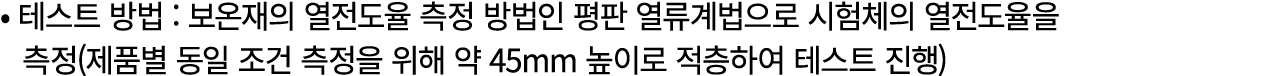 • 테스트 방법 : 보온재의 열전도율 측정 방법인 평판 열류계법으로 시험체의 열전도율을 측정(제품별 동일 조건 측정을 위해 약 45mm 높이로 적층하여 테스트 진행)